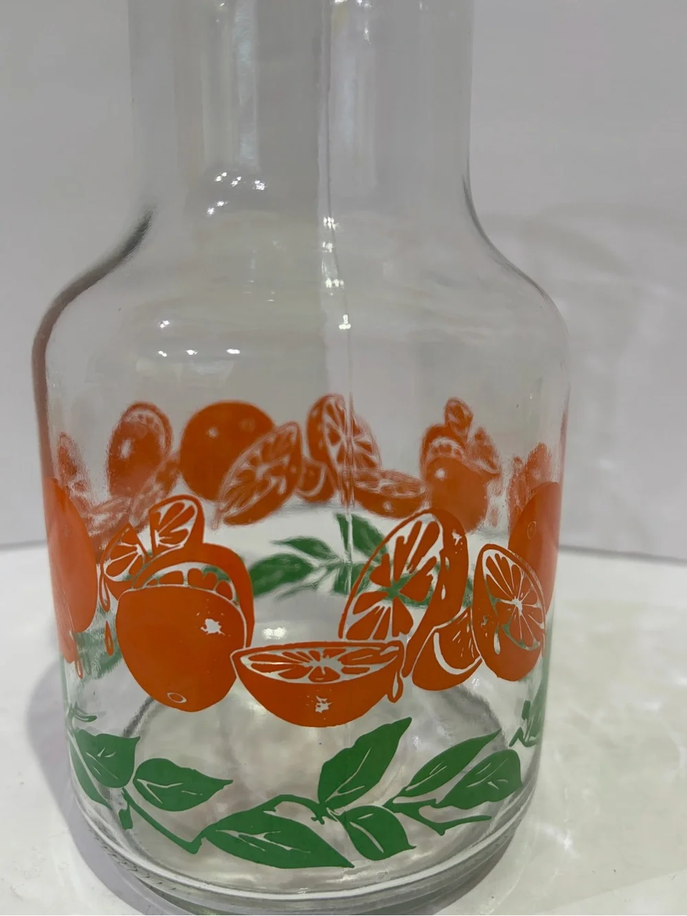 Vintage Libbey Glass Carafe and Tumbler Set Orange and Green Leaf Motif